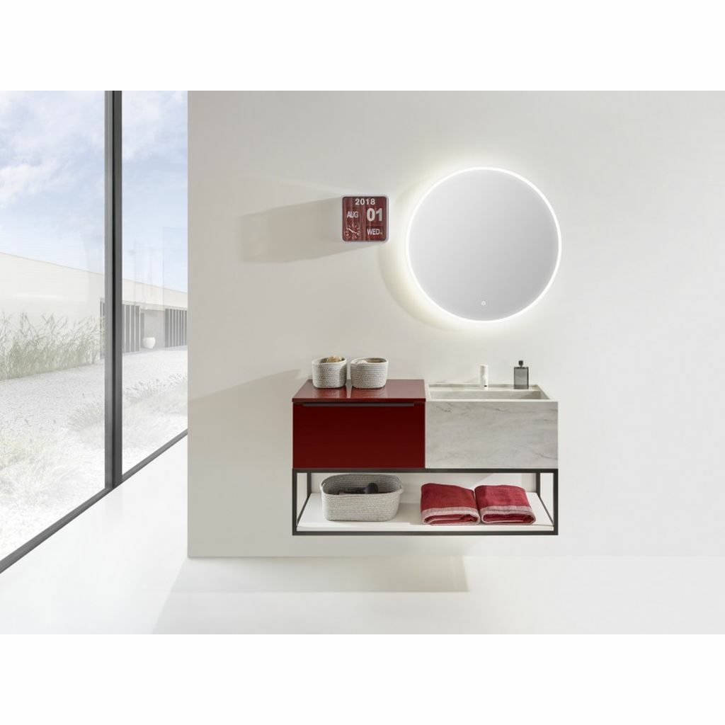 Detremmerie - Meuble No Limit 45 avec vasque marbre blanche, meuble laqué brillant rouge et étagère cadre métallique