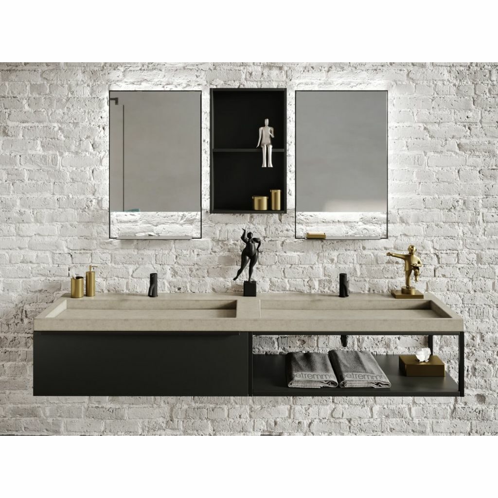 Detremmerie - Meuble No Limit 45 avec vasque, meuble laqué mat noir et étagère avec cadre métallique