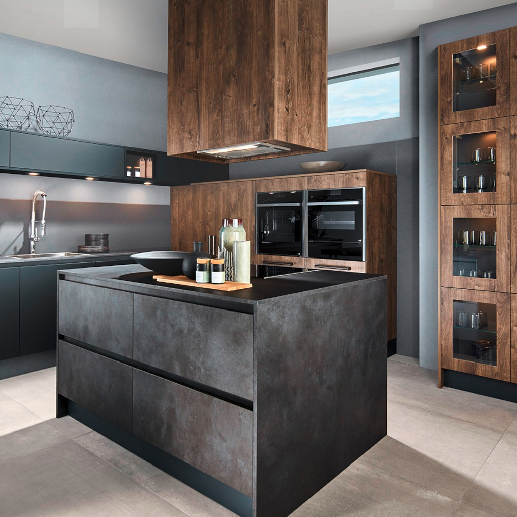Schröder Küchen - Cuisine Design Opaco Carbon et Cemento Steel Blue
